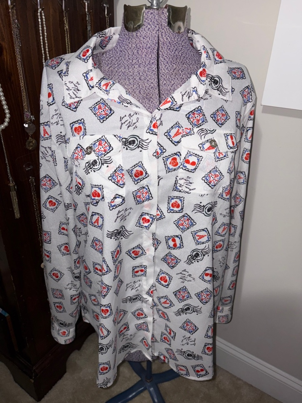 White Button-Up Shirt with Red & Blue Postal Stamp Print